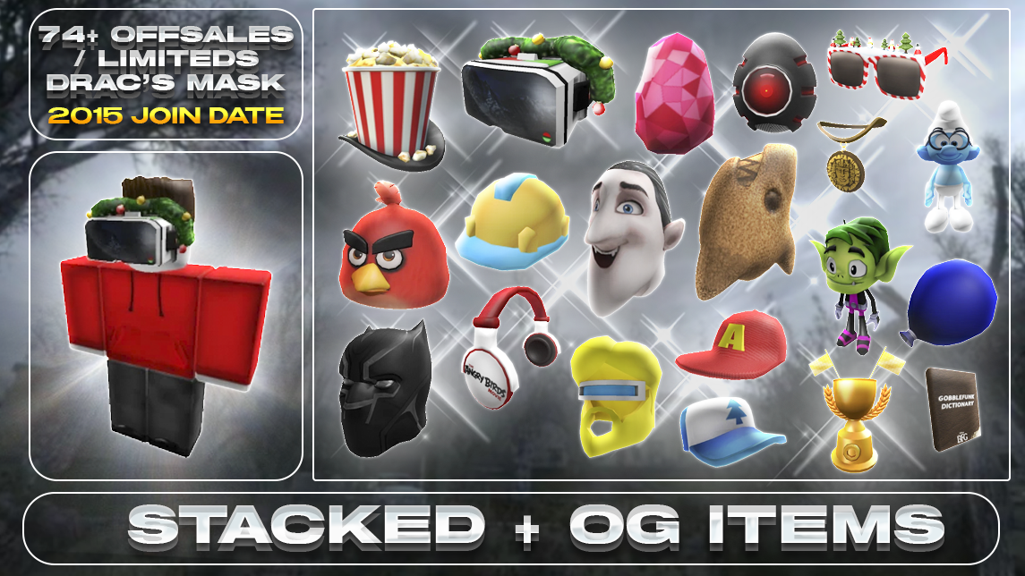 ROBLOX 2015 Account | 74+ Offsales/Limiteds | Drac's Mask + Eggs + Angry Birds Mask | 1,450+ Robux SPENT | Rare Items | Stacked