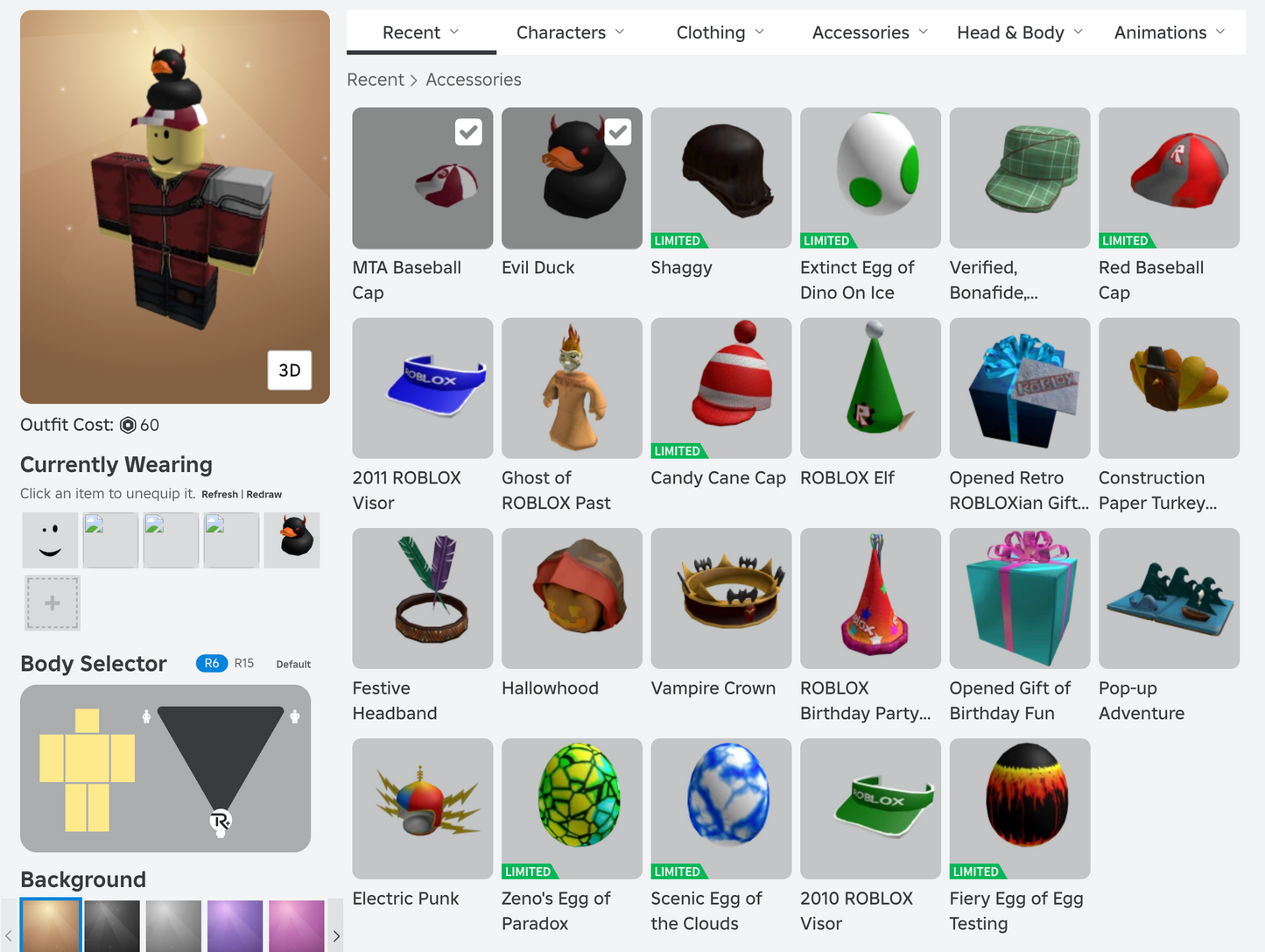 ROBLOX 2010 Account | 26+ Offsales/Limiteds | MTA Baseball Cap + Evil Duck + ROBLOX Elf | 350+ Robux SPENT | Rare Items | Stacked